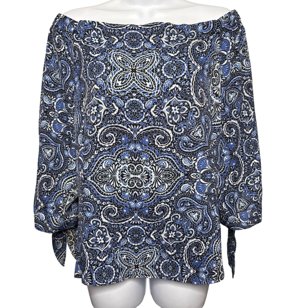 WHITE HOUSE BLACK MARKET Womens Blue Paisley Off Shoulder Tie Sleeve Blouse L